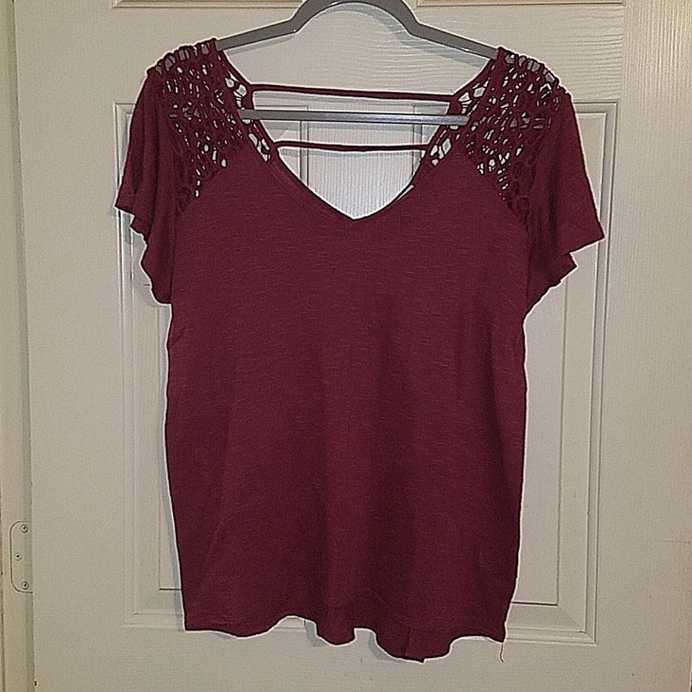 Maurices Dark Pink Fashion Tee with Crochet Shoulders